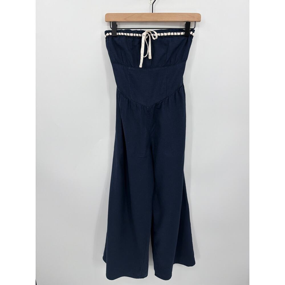 Hollister Navy Strapless Linen Blend Jumpsuit Convertible Straps XS Petite Chic - Picture 4 of 8